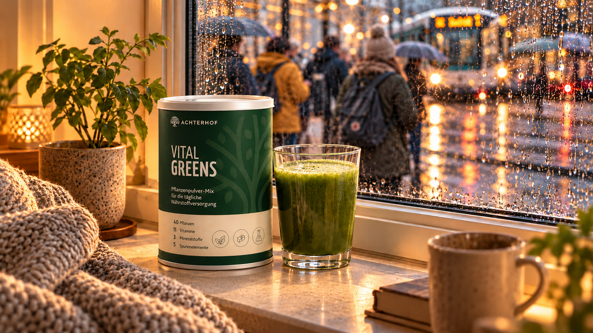 Frau gibt einen Löffel Vital Greens in ein Glas Wasser